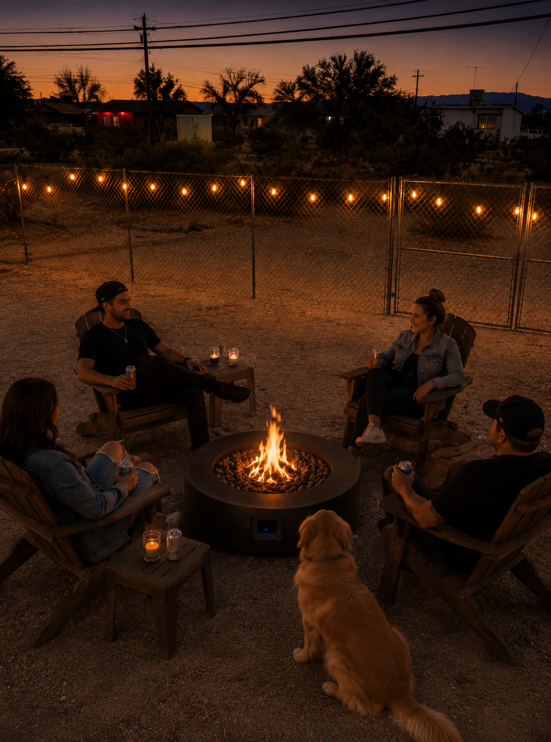 Dog-friendly backyard with propane fire pit at dusk